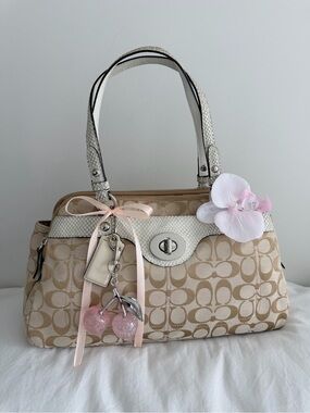 Beige Patterned Satchel Handbag with Pink Accents